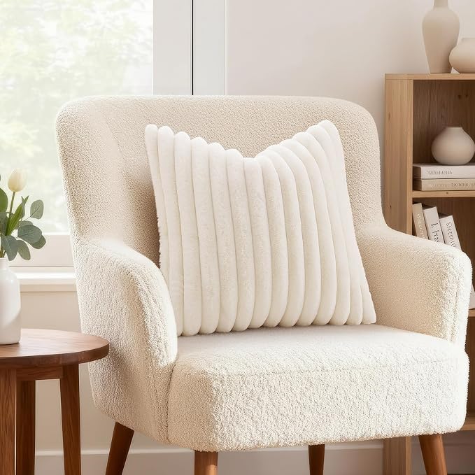 decorUhome Fall Cozy Faux Fur Throw Pillow Covers 20x20 Set of 2 Decorative Soft Plush Striped Modern Farmhouse Boho Couch Pillow Cases with Velvet Back for Sofa Bed Living Room, Cream White