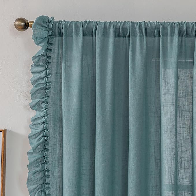 TERLYTEX Stone Blue Ruffle Curtains 84 Inches Long 2 Panels, 58 x 84 Inch, Linen Textured Flowy Window Curtains for Living Room Bedroom Rod Pocket Privacy Light Filtering Semi-Sheer Ruffled Curtain