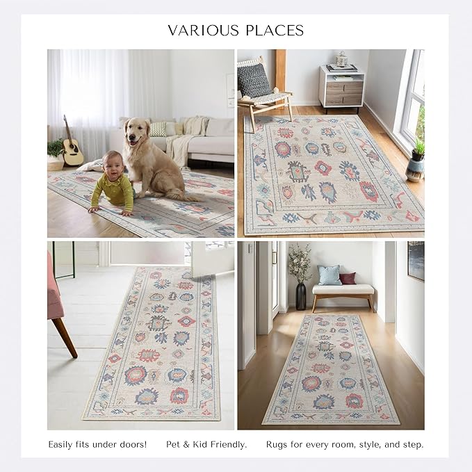 Beige Oushak Large Area Rug 9x12 - Washable Vintage Turkish Non-Slip Backing Pastel Oversized Large Rugs for Living Room Dining Room, Bedroom, Lounge, Farmhouse