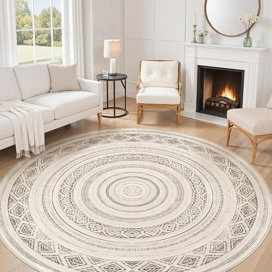 cotiled 8x8 Round Area Rugs Living Room Rug: Washable Boho Rugs with Non Slip Backing Large Soft Indoor Stain Resistant Carpet for Bedroom Farmhouse Dining Room Lightweight Home Decor Dark Brown