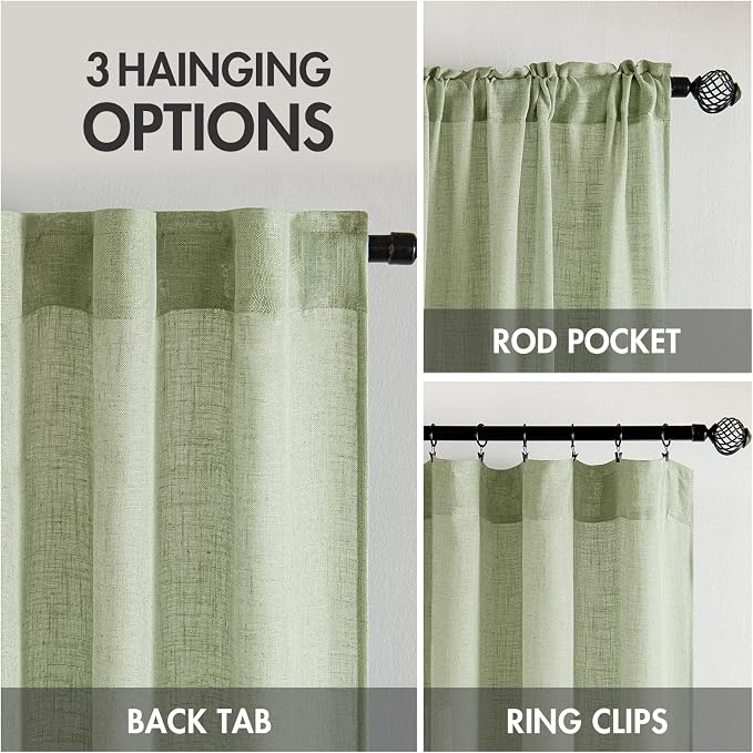 MIULEE Sage Green Short Linen Curtains 45 Inch Length 2 Panels for Kitchen Bedroom Bathroom, Soft Thick Linen Textured Basement Window Drapes Semi Sheer Light Filtering Back Tab Burlap Look Decor
