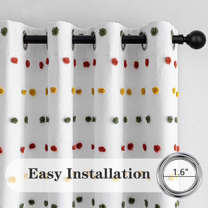 MEETSKY 100% Blackout Curtains for Girls/Kids/Nursery Bedroom 84 Inch Long Rainbow Green Red Yellow Curtains 2 Panels Room Darkening Grommet Window Drapes with Pom Pom Sheer 52W x 84L