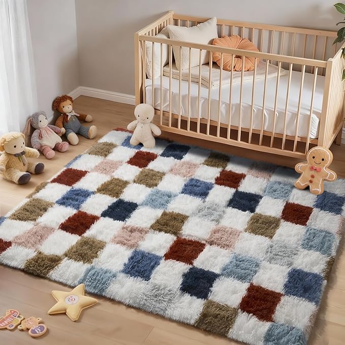 Ophanie Checkered Rainbow Rug for Living Room Bedroom,Colorful Fluffy Soft Cute Fuzzy Area Rugs,Shag Plush Shaggy Bedside Floor 4x6 Furry Carpet Kids Baby Teen Dorm Decor with Over 99 pcs Pile fibers