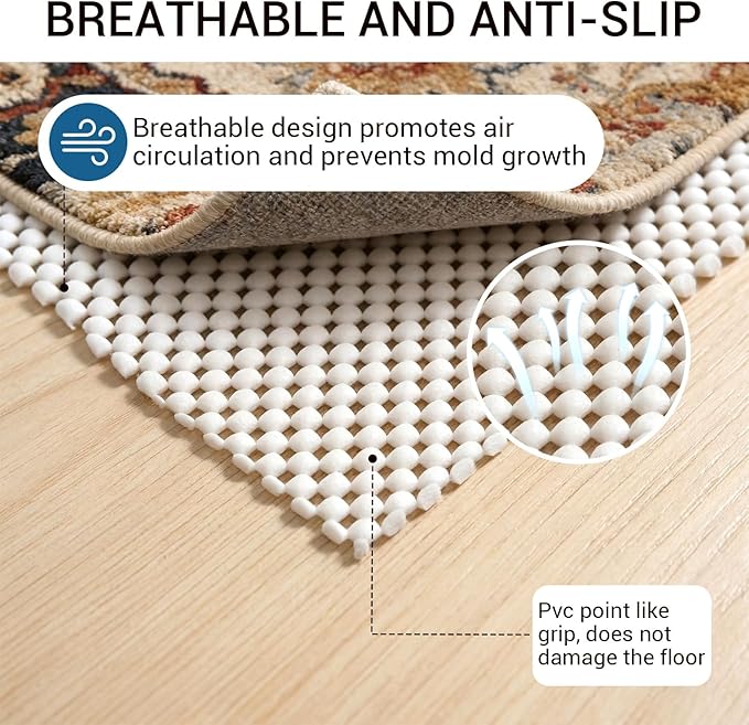 Non Slip Rug Pad Gripper for Hardwood Floors, 5x7 FT Anti Slide Rug Underlay, Eco Safe Odor Free, Cushioned Floor Protector, Cut-to-Size Multi-Purpose Pad