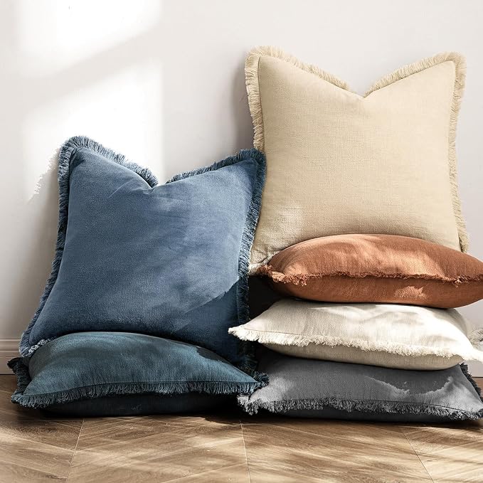 MIULEE Decorative Throw Pillow Covers Neutral Linen Fringe Throw Pillows Set of 2 Blue Ashes Boho Farmhouse Cushion Covers with Tassels for Couch Sofa Bed Spring Home Decor 28x28 Inch