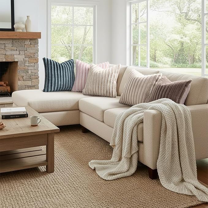 decorUhome Fall Cozy Faux Fur Throw Pillow Covers 16x16 Set of 2 Decorative Soft Plush Striped Modern Farmhouse Boho Couch Pillow Cases with Velvet Back for Sofa Bed Living Room, Tan