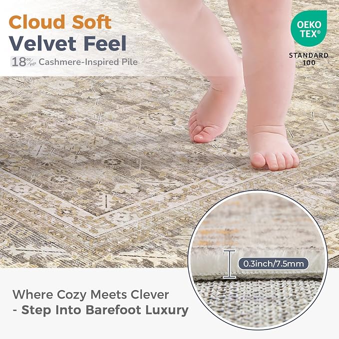 OPPODREAM Vintage Beige Area Rugs 8x10, 8 x 10 Retro Washable Rug Non Slip, Low-Pile Faux Wool Carpet, Distressed Tan Floor Mat for Living Room, Bedroom, Office, Dorm, Dinning Room, Big & Large