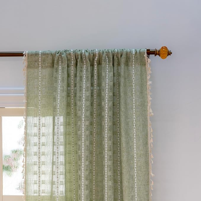 Deeprove Boho Curtain 72 inch Length for Bedroom Living Room, Bohemian Grass Sheer 72 inches Long Stripe Embroidery Privacy Window Tassel Christmas Easter Spring Decor W52 x L72, 1 Panel Sage Green