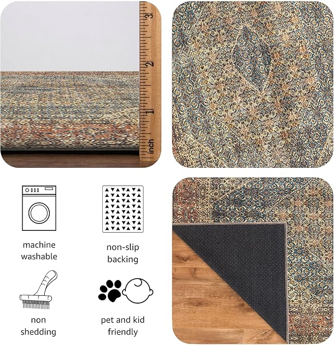 Keen Home Design 30"x144" Rug - Machine Washable Runner Rug with Non-Slip Backing, Ideal for Hallway, Entryway, Kitchen, Laundry Room - Vintage, Easy Clean, Durable, Low Pile - (2'6" x 12')