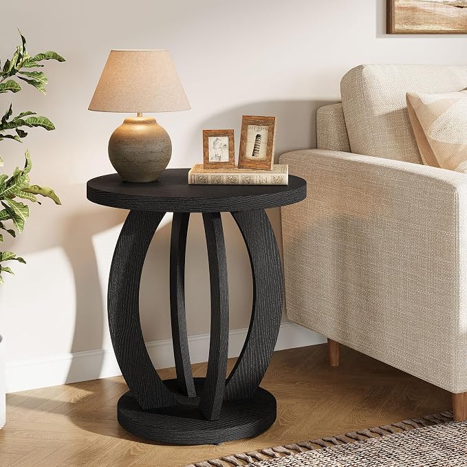Tribesigns Round End Table, Rustic Side Table with Storage | Nightstand Bedside with Round Tabletop; Accent End Table for Living Room, Bedroom, Small Space