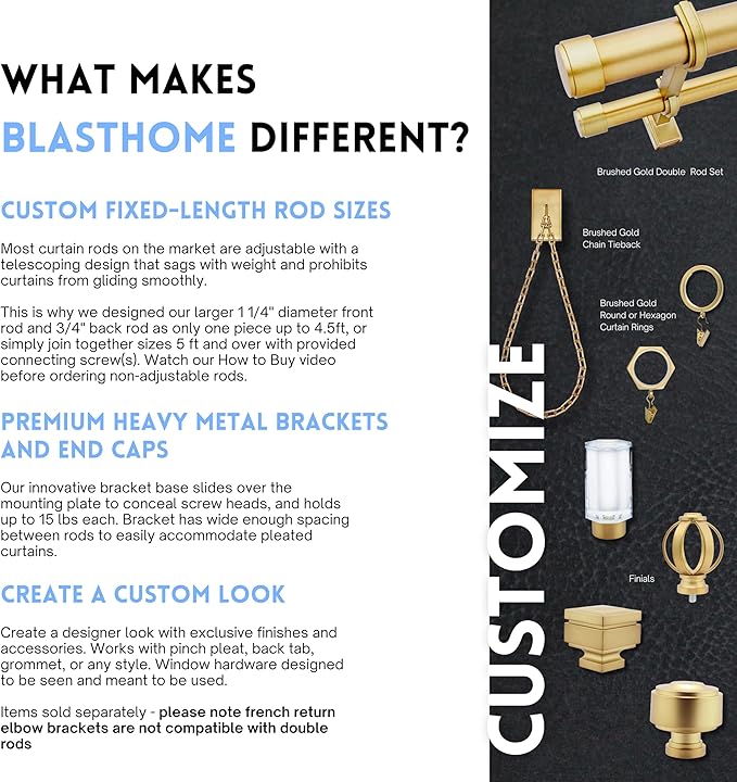 BlastHome® Non-Adjustable Luxury Double Curtain Rods for Windows, 1 ¼” Premium Rod Set, 4 1/2 foot Custom Fixed Length, Brushed Gold