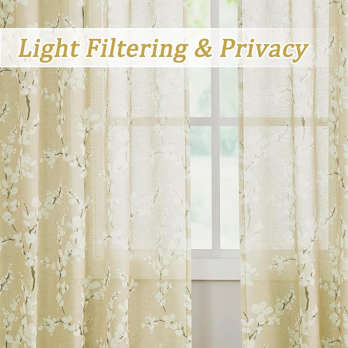 FMFUNCTEX Linen Sheer Curtains for Living Room, Cream Blossom Floral Print Curtains 84 Inches Long for Bedroom, Light Filtering Linen Blend Butter Yellow Floral Window Curtain 2 Panels Rod Pocket