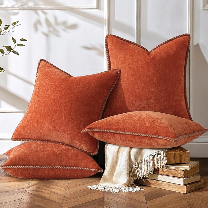 decorUhome Set of 4 Throw Pillow Covers 18x18 Inch Decorative Soft Chenille Pillow Covers Farmhouse Neutral Cushion Covers with Stitched Edge for Couch Sofa Bed Living Room, Burnt Orange