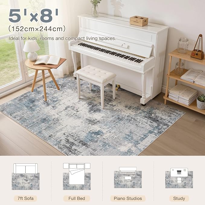Abstract 5x8 Area Rug: Machine Washable Non Slip Ultra Thin Low-Pile Carpet, Soft Stain Resistant for Living Room Bedroom Nursery, Kid Pet Friendly, Robot Vacuum Compatible - Grey Blue