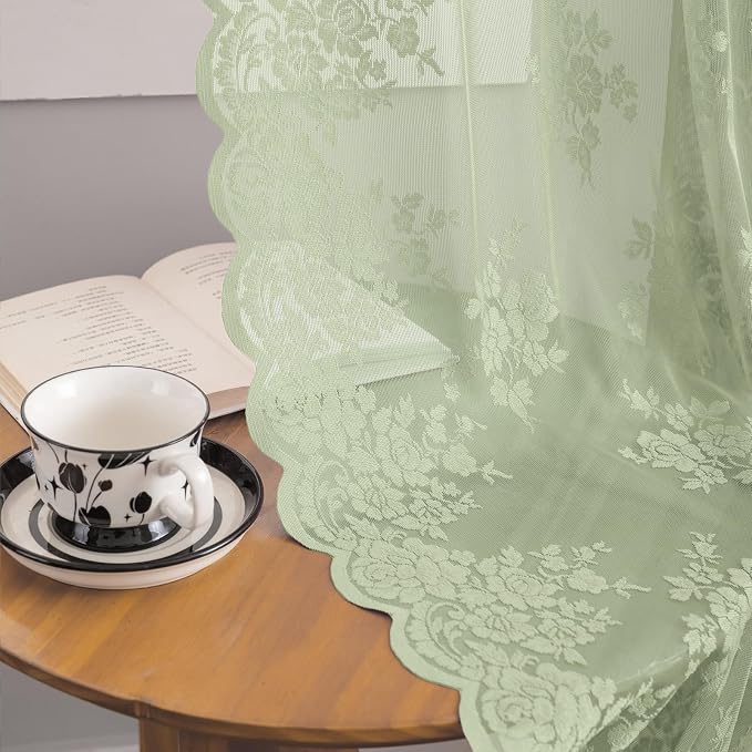 Kotile Sage Sheer Curtains 72 Inch Length 2 Panels, Rustic Floral Patterned Vintage Lace Curtains for Bedroom Living Room, Rod Pocket Privacy Green Curtain, 52 x 72 Inch, Sage Green