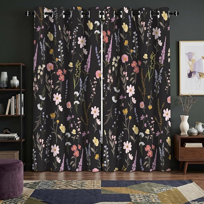 Boho Floral Blackout Curtain, Colorful Flower Leaves Nature Botanical Black Window Curtains Darkening Thermal Insulated Grommet Window Drapes for Living Room Bedroom Decor 2 Panels 52x84 Inches
