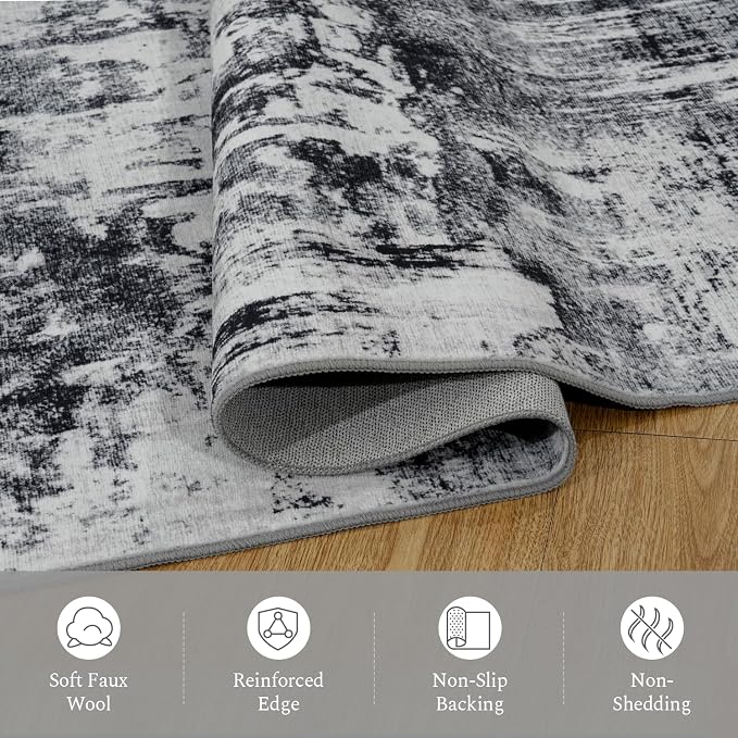 Rugflix 10x12 Area Rugs for Living Room, Black Grey Large Rug Stain-Resistant Low Pile, Big Washable Dark Carpet Non-Slip for Bedroom Dining Room Home Office Nursery Room