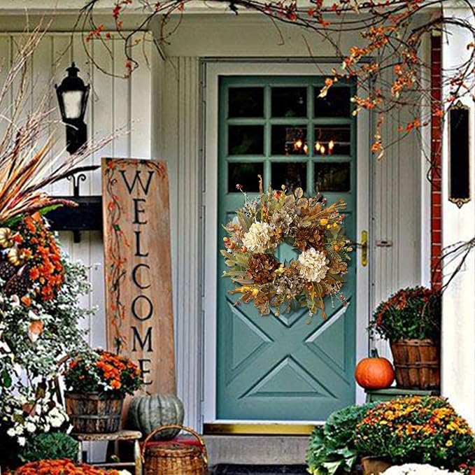 WANNA-CUL 24 Inch Fall Wreaths for Front Door with Hydrangea,Mini Pumpkins | Twig Base Rustic Autumn Wreath,Thanksgiving Farmhouse Decor, Fall Decorations For Home, Indoor Outdoor Halloween Harvest Gift