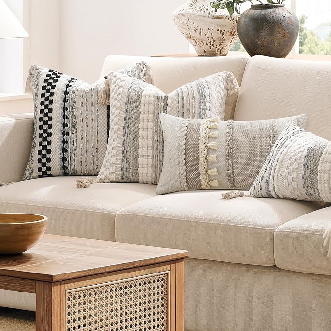 Kevin Textile 14x20 Inch Lumbar Throw Pillow Cover 1 Pack Boho Decorative Cotton Thread Woven Textured Tassel Rustic Farmhouse Rectangle Cushion Cover for Couch Sofa Chair Bed, Khaki