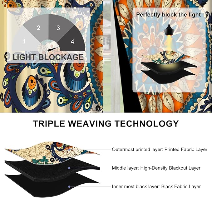 Boho Blackout Curtains for Bedroom and Living Room, Spring Thermal Insulated Darkening Drapes, Mandala Pattern Grommet Soundproof Black Out Curtains 84 Inches Long 2 Panels Set with Curtain Tiebacks