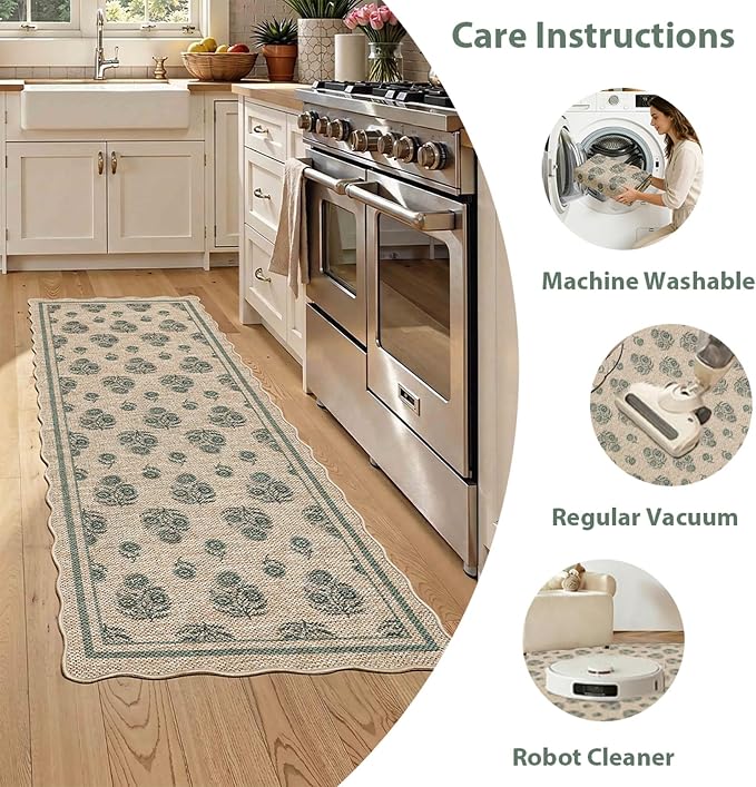 ORTIGIA Scalloped Easy Jute 2x6 Kitchen Runner Rug Vintage Green Floral Accent Farmhouse Washable Rug Non-Slip Outdoor Carpet for Entryway Indoor Hallway Patio Laundry Room
