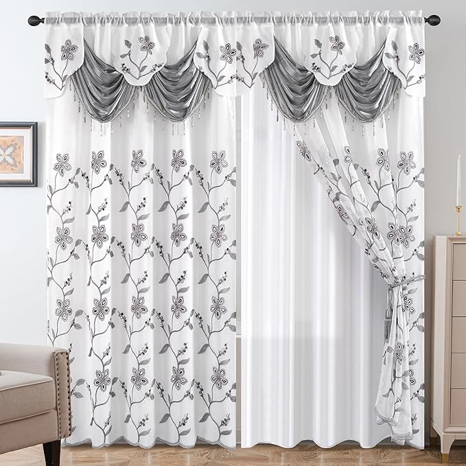 Petrichor Embroidered Sheer Curtain 2 Panels Set - Luxury Window Curtain Attached Valance with Satin Backing and 2 Tie Backs for Living Room,Dining Room, 54x95 inches, Gray