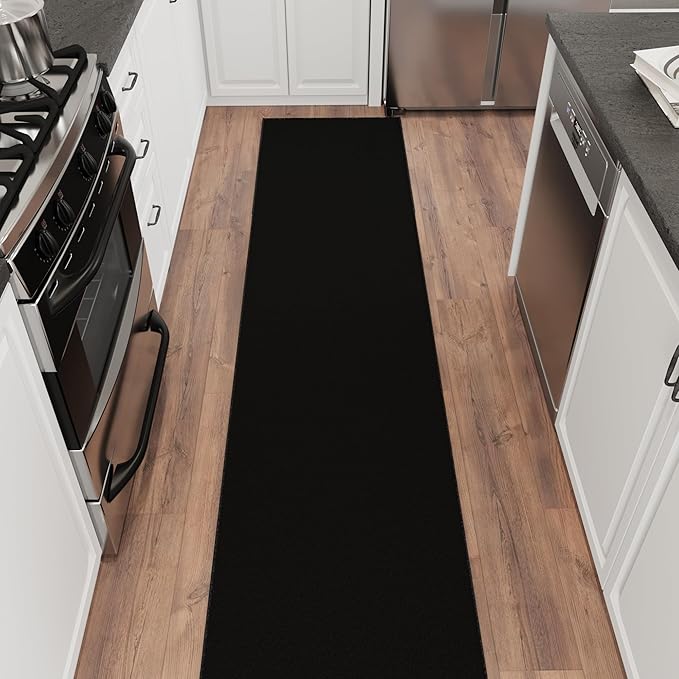 Ottomanson Aisle Runner Rug – Non-Slip Low Pile Carpet Runner for Long Hallways & Corridors, Stain Resistant & Easy to Clean, Solid Black, 1'10.5" x 20'