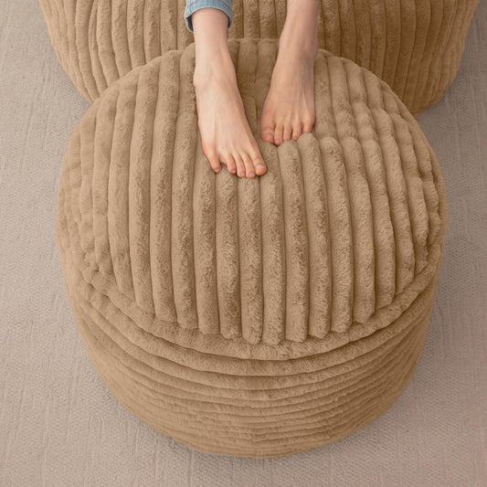 HIGOGOGO Round Stuffed Pouf Ottoman, Corduroy Poufs with High-Density Foam Filling, Furry and Fluffy Pouf Foot Stool Storage Ottoman, 20 X 15 Floor Poufs Foot Rest for Living Room, Brown