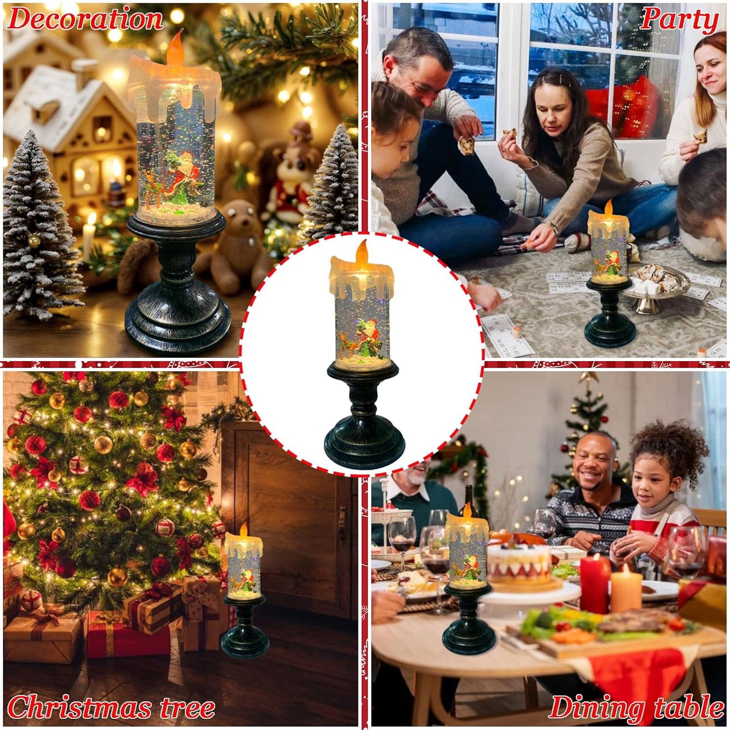 Flameless Snow Globe Candle Light Christmas Santa Decoration with Swirling Water & Glitter, Spinning LED Candles for Home, Tabletop, Holiday Decor