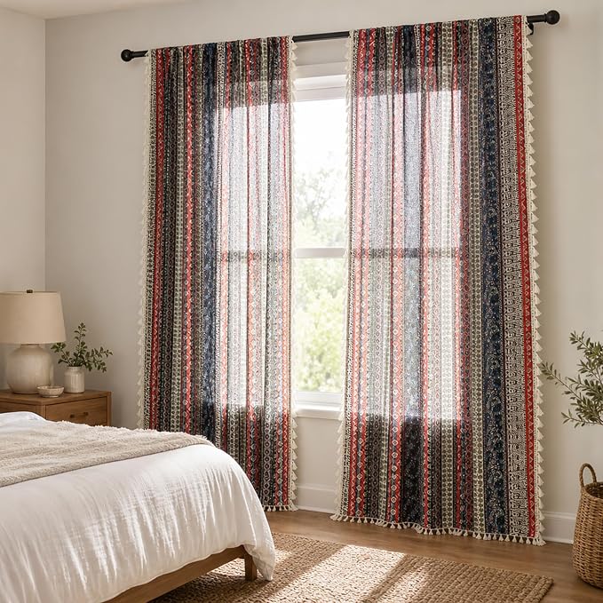 VOGOL Boho Tassel Window Curtains, 1 Panel Geometric Striped Bohemian Style Country Curtain, Cotton Linen Drapes for Bedroom Living Room, 59 x 63 Inches