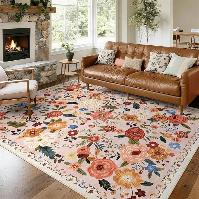 8x10 Washable Area Rug for Living Room, Floral Non-Slip Non-Shedding & Easy Care Large Soft Low Pile Indoor Floor Carpet for Living Room, Bedroom, Farmhouse, Dining Room, Kids Playroom, Beige