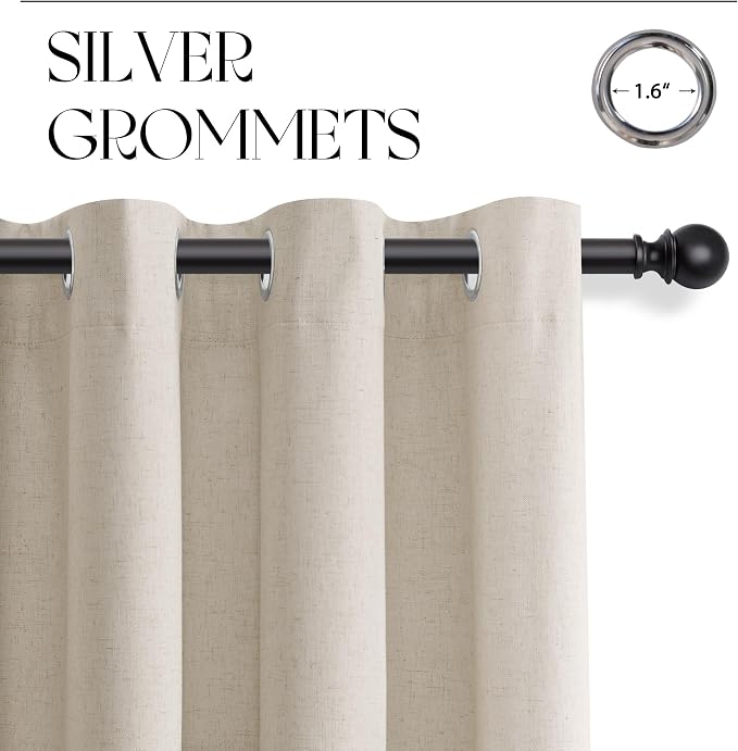 Jowels Beige Linen Blackout Curtains 90 Length 2 Panels Set for Living Room Bedroom, 100% Black Out Thermal Insulated Linen Drapes, Room Darkening Grommet Curtains 90 Inches Long