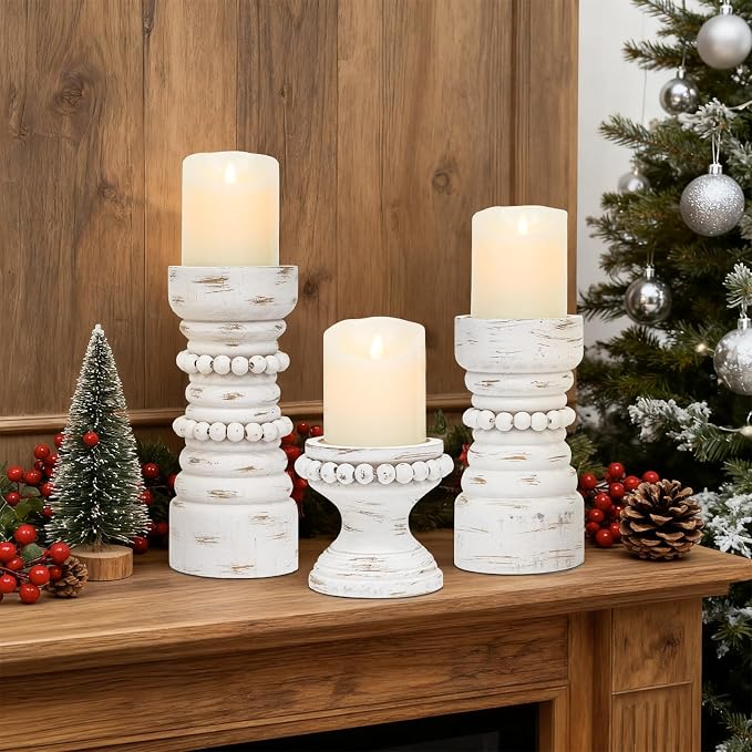 Rustic White Wood Candle Holders Set of 3, Farmhouse Beaded Wood Pillar Candle Holder, Candle Holders for Pillar Candles & Candlesticks, Candle Sticks Holder Decor for Table Centerpiece
