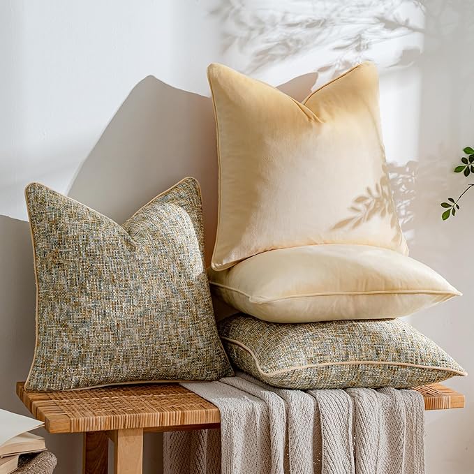 a moment Yellow 4 Pack Throw Pillow Covers - Chenille & Velvet Set with Piping, Farmhouse Textured Design Pillow Cases for Couch Sofa Bed Livingroom (22x22 Inch, No Insert)