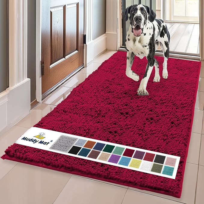 Muddy Mat® | Super Water Absorbent Door Mat Indoor, Microfiber Quick Dry Chenille Entryway Rug, Slip Resistant Front Door Mat, Indoor Mats for Entryway, Machine Washable Pet Rug, Maroon 24"x60"