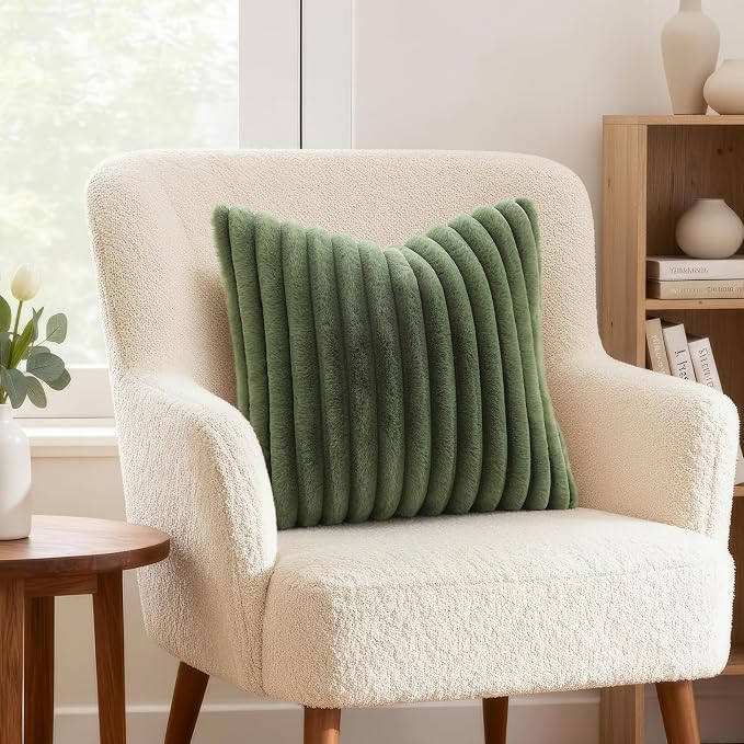 decorUhome Fall Cozy Faux Fur Throw Pillow Covers 22x22 Set of 2 Decorative Soft Plush Striped Modern Farmhouse Boho Couch Euro Sham Pillow Cases with Velvet Back for Sofa Bed Living Room, Olive Green