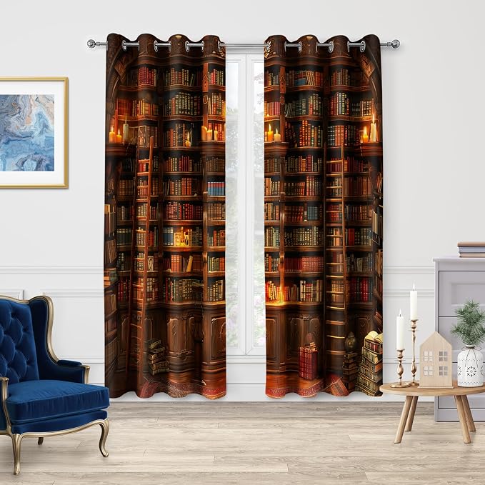 Jekeno Vintage Bookshelf Blackout Curtains Library Books Bookcase Ladder Candle Decor Shading Drapes for Bedroom Study Classroom Living Room Darkening Grommet Window Drapes 2 Panel Set, 42"x84"