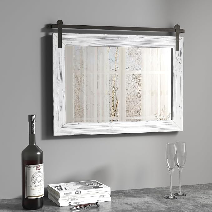 COGOOD Farmhouse Barn Door Mirror - 29" x 22" Rustic Wood Framed Wall Mirror for Bathroom, Living Room, Entryway Wall Decor (White)
