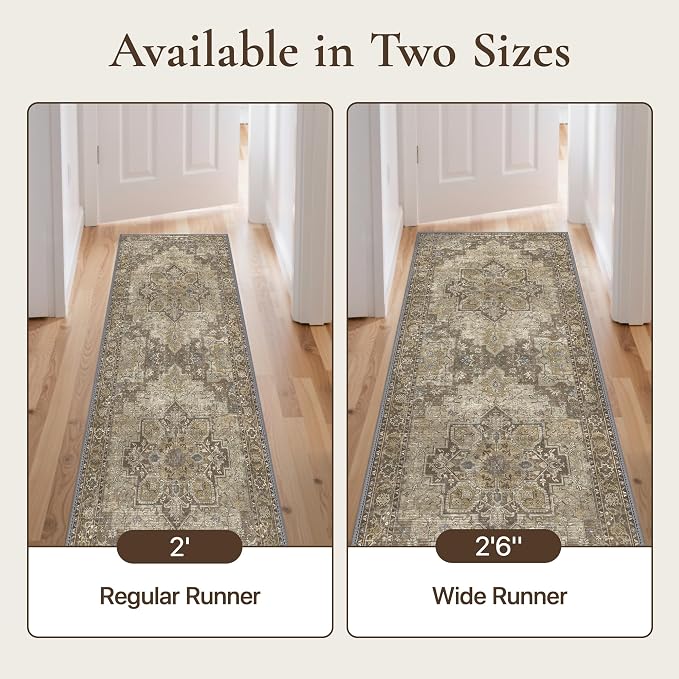 GENIMO 2'6''x6 Runner Rugs for Hallway, Machine Washable Non Slip Vintage Rugs, Low Pile Lightweight Soft Print Rug for enrtyway, Corridor, Home Office, Kitchen, Rustic Brown