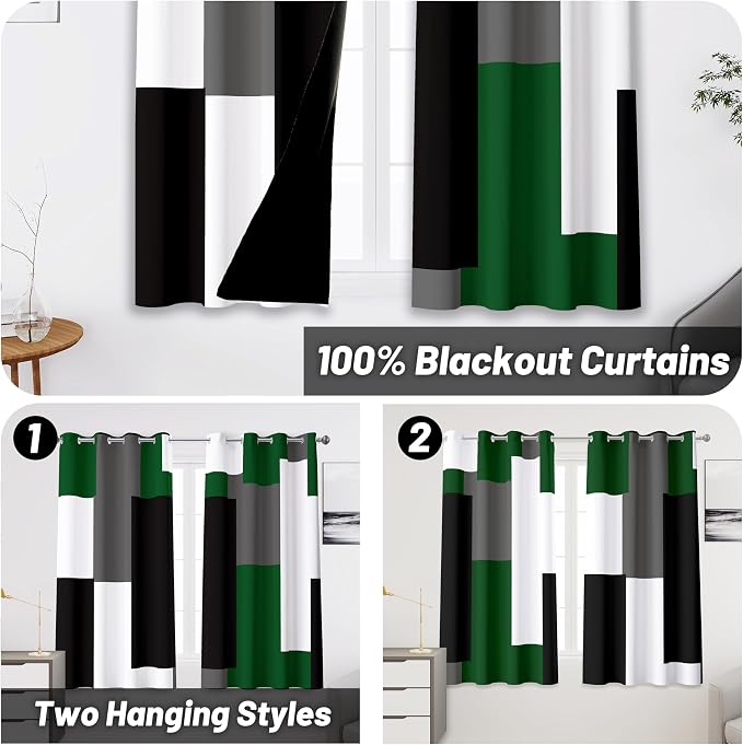 Tyrot Green 100% Blackout Curtains 45 inch Length 2 Panels Set White Grey Modern Abstract Geometric Drapes for Kitchen Black Out Curtains Insulated Room Darkening Small Window Curtains, 52Wx45L