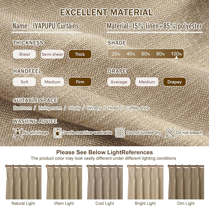 IVAPUPU Sand Pinch Pleated Full Blackout Linen Curtains for Bedroom, Black Out Curtains 108 Inches Long for Living Room Darkening Thermal Insulated Neutral Pleat Drapes with 16 Hooks, 2 Panels