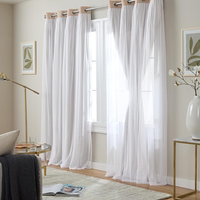TOWN & COUNTRY LUXE Talia Double Layer Indoor Curtains,Sheer and Room Darkening Blackout,Grommet Top,Energy Efficient Set, Rose Blush,52" W x 84" L (Pack of 12)