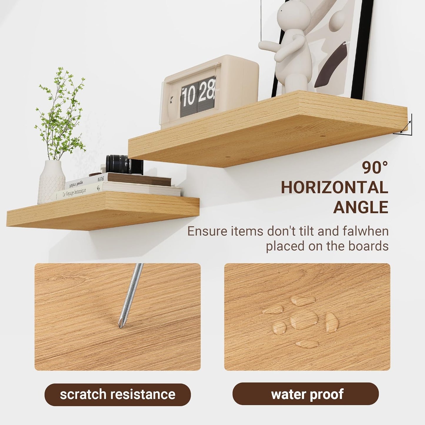 36 Inch Floating Shelves, 3D Textured Wood Grain, 36"x9.25"x1.5" Inch Deep Floating Shelves for Wall, Wooden Shelves for Bathroom, Bedroom, Living Room, Natural