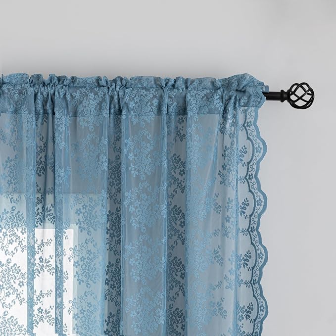 YJ YANJUN Vintage Lace Curtains 63 Inch Length - Victorian Floral Pattern Stone Blue Sheer Curtains for Boys Bedroom Privacy Summer Beach Themed Ocean Coastal Room Decor 2 Panels W52 x L63 Dusty Blue