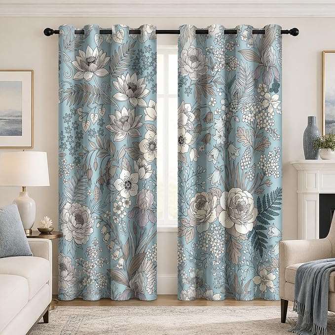 Boho Blue Floral Blackout Curtains for Bedroom, Vintage Botanical Flower Drapes Mid Century Window Curtains Darkening Thermal Insulated Grommet for Living Room Bedroom Decor 2 Panels 52x84 Inches
