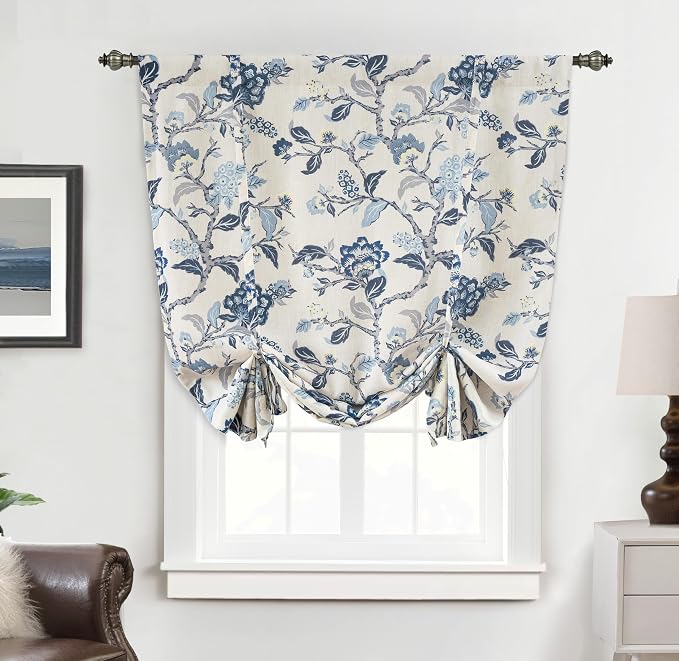 DriftAway Ada Floral Botanical Print Flower Leaf Lined Thermal Insulated Room Darkening Blackout Tie Up Window Curtains 2 Layers Each 45 Inch by 63 Inch Navy