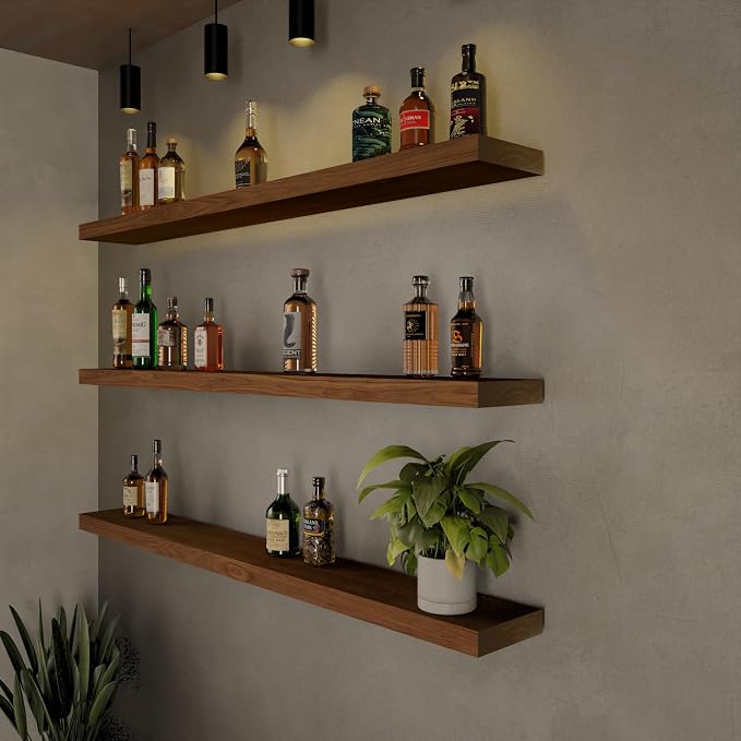 ROGMARS 48Inches Long Walnut Floating Shelves,Rustic Solid Wood Farmhouse Wall Shelves with Invisible Brackets for Bathroom, Living Room, Bedroom, Kitchen Set of 3
