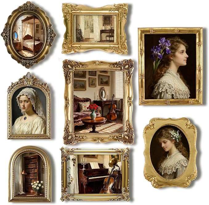 8 Pcs Vintage Picture Frames Set for Gallery Wall, Antique Gold Resin Photo Frames Collage Assorted Sizes 8x10, 5x7 & 4x6, Ornate Victorian French Country Decor for Wall Mount & Tabletop Display
