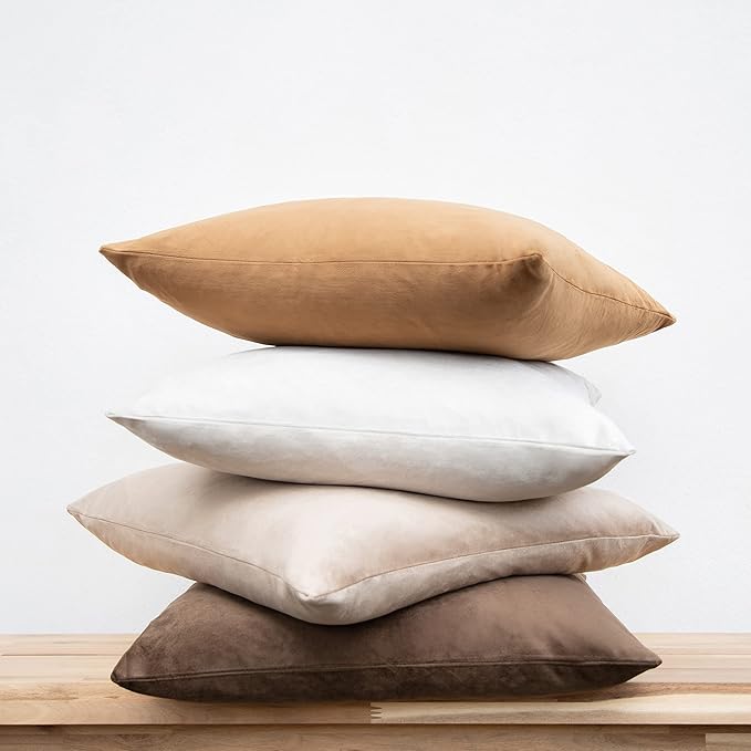 MONDAY MOOSE Decorative Throw Pillow Covers Cushion Cases, Set of 4 Soft Velvet Modern Designs, Mix and Match for Home Decor, Pillow Inserts Not Included (22x22 inch, Brown/Beige)