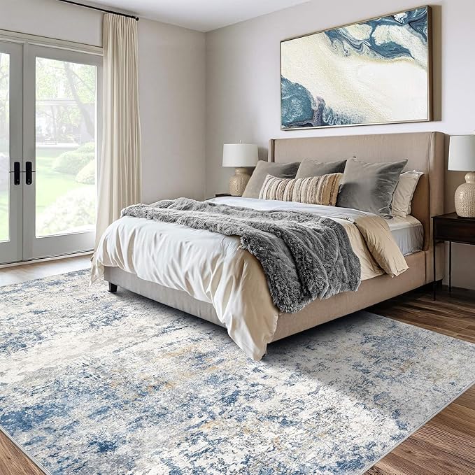 DMOYEST Area Rug Living Room Rugs - 5x8 Abstract Large Soft Indoor Washable Rug Neutral Modern Low Pile Carpet for Bedroom Dining Room Farmhouse Home Office - Blue